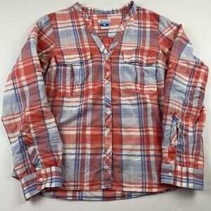 Columbia PFG Button Up Shirt Women’s M Plaid Roll Tab Sleeve Fish Cotton Linen